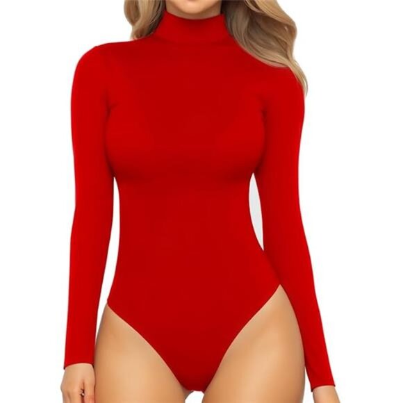 Women's Mock Turtle Neck Long Sleeve Bodysuit Jumpsuit - Picture 7 of 7
